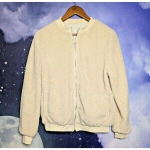 Sherpa Teddy Bomber Jacket Size Medium Neutral Minimalist Cozy Cute Cottagecore